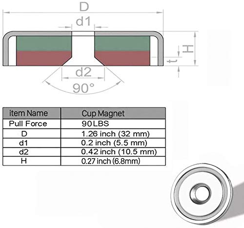 Ímãs de xícara, força de retenção de 95 libras, 1,26 polegada D x 0,2 polegadas H, ímãs de base da base redonda da super
