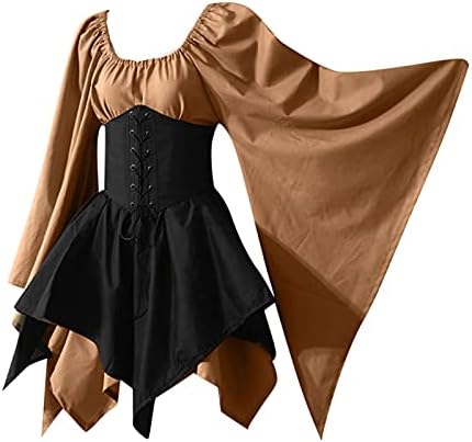 Mulheres Medieval Renaissance Dress Vintage Bell Sleeve Lace Up Patchwork Dress Irregular BEM CURTO PARA COSPLAY DE HALLOWEEN