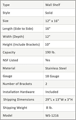 AMgood 16 comprimento x 12 Prateleira de parede de aço inoxidável de profundidade | Certificado NSF | Prateleiras de metal de aparelhos