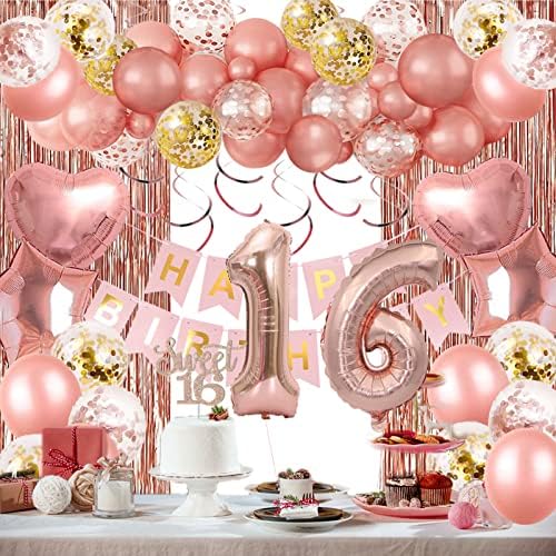 Doce de 16 decorações de aniversário, banner de feliz aniversário, cortina de ouro rosa, balões de confetes de estrela do coração,