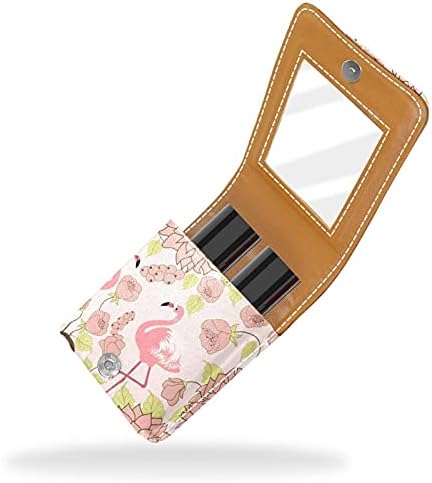 Caixa de batom com espelho Bolsa cosmética de maquiagem portátil espelhada leva até 2 batom e tamanho de viagem de brilho labial flamingo rosa com floral