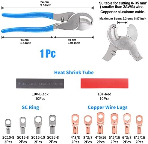 Glarks 42pcs Battery Cable Lug Crimping Fios Crimper com cortador de cabos e terminais de anel de fio conectores terminais
