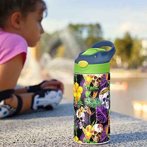 Zauya Skull Flowers Kids Water Bottle com palha de palha de parede dupla isolada em aço inoxidável reutilizável para