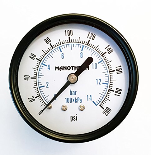 Medidores de pressão industriais, dial de 2-1/2 , 0-200 psi/kpa/barra de barras, precisão de 2,5%, conexão NPT masculina de 1/4, montagem traseira, peças internas de latão, estojo de aço preto
