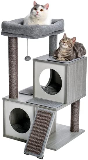 Torre de gato de gato de madeira moderna boerlky com condomínios duplos, espaçosos postes de arranhões sisal e bolas pendentes substituíveis