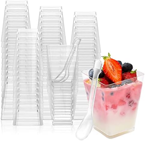 Easercy 100 pacote de 5 oz copos de sobremesa de plástico para as xícaras de estacas para parfait copos mini xícaras de sobremesas com colheres de iogurte recipientes de recipientes de atiradores para pudim frutas e sorvete