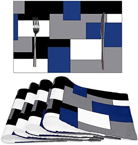 Azul cinza preto Branco Placemats Conjunto de 4, mesa quadrada geométrica Coloque tapetes de estopa à prova d'água Placemats de jantar lavável para decorações de cozinha em casa
