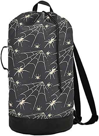 Feliz Halloween Spider Spider Laundry Backpack grande bolsa de lavanderia pesada para estudantes universitários bolsa de roupa para viajar com tiras de ombro Organizador de roupas sujas para dormitório à prova d'água