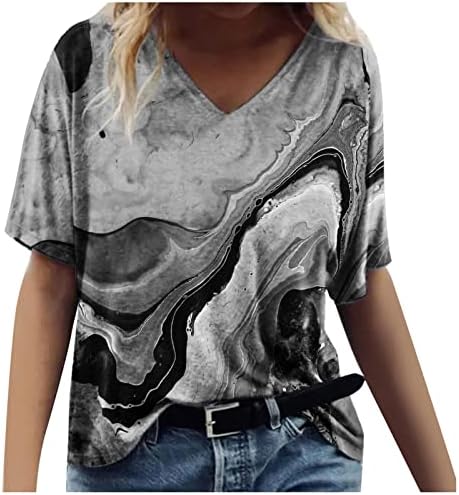 Summer feminino solto tampo tampo impresso de manga curta camiseta de mármore robina v pesco