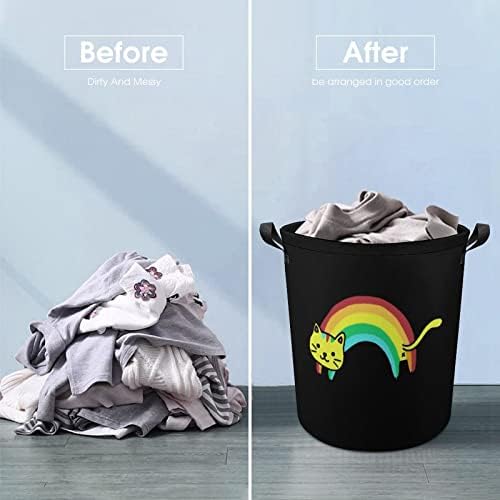Cesta de lavanderia de gatos arco -íris com alças em redondo cesta de armazenamento de lavanderia dobrável para banheiro