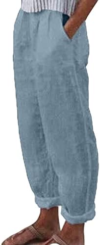 AMTF Women Women Solid Linen Trouser Pant casual Baggy Saltic Caists calça de perna larga com calça de pocket moda Plus Tamanho Jean