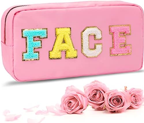 Bolsa de maquiagem formal de gimfry nylon chenille patches saco de cosmético rosa pequeno para viagens e maquiagem