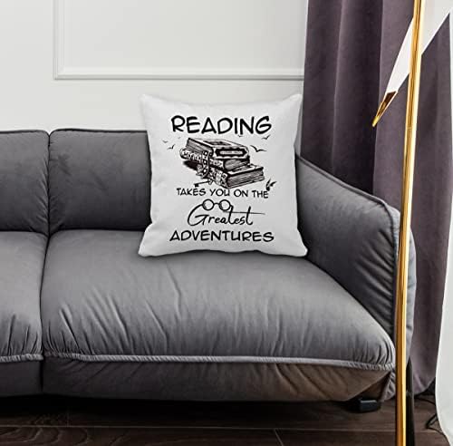 Livro com tema de leitura de 18 ″ × 18 ″ leva você às maiores aventuras da capa de almofada decorativa para o quarto de leitura do quarto de leitura do clube de sofá decoração de cama de cama, presentes para amantes de livros, brindes para estudantes presentes
