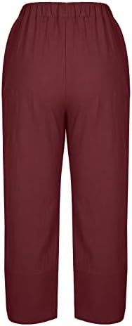 Calças de cintura alta para mulheres, calças casuais de linho de algodão Capri Casual Capri com calças com bolsos