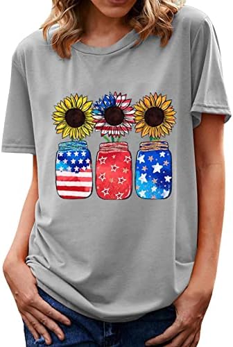 Camisetas de pescoço da tripulação Mulheres Manga curta Estrela patriótica Girassol Floral Festival Festival Festival Tops