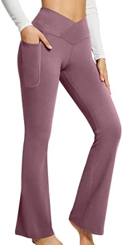 Calças de iogo feminino de laoara com bolsos v crossover altos cinturas de cintura calças de treino de fundo sino