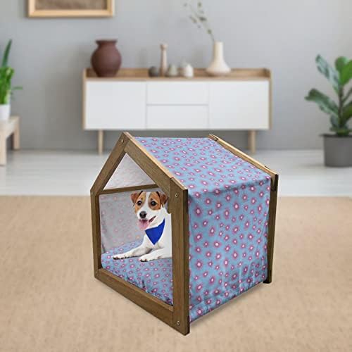 Casa de cães de madeira de desenho animado de Ambesonne, doodle de animais adormecidos sonham tipografia, canil portátil interno e