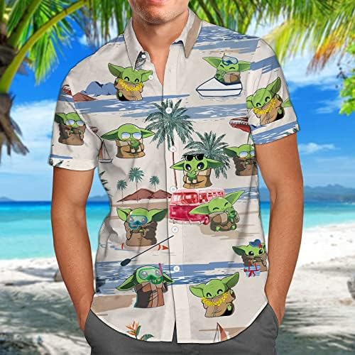 Camisa havaiana de desenho animado fofo de Huntfami, pequena camisa de botão casual do caráter verde de personagem, camisa do filme,