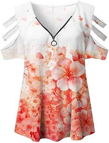Zip em cima camiseta superior para mulheres de verão de verão, roupas y2k fora do ombro de manga curta algodão profundo v