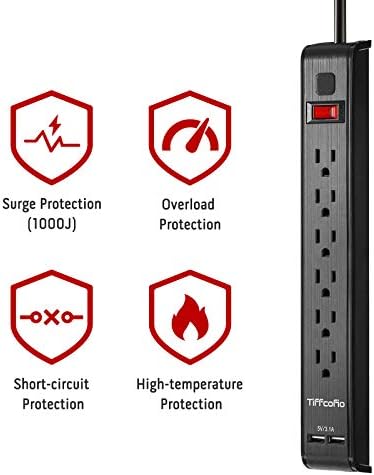 Protetor de surtos de tira de energia TIFFCOFIO com 6 pontos de venda e 2 portas USB, cabo de extensão de 10 pés, tira