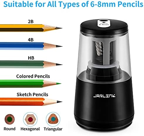 Aparecedor de lápis elétrico de jarlink, afiadores de lápis da sala de aula, parada automática para 6-8mm No.2/lápis colorido, plugue de apontador de lápis elétrico/USB/bateria operado na escola/escritório/casa