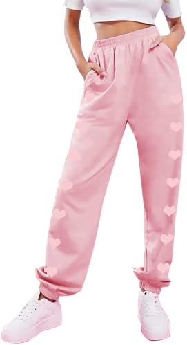 Keevici Mulheres Aumic Cute Pink Lover Heart Ativo Coloque High Selta Dirdita Sorto Sorto Pocket Cotton Lounge Baggy calça