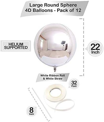 Katchon, balões prateados metálicos de 22 polegadas - pacote de 12 | Balões prateados de 360 ​​graus em 4D, 4D, decorações de aniversário de prata | Balões de Mylar Silver, Bacharelta Party | Decorações de graduação 2023