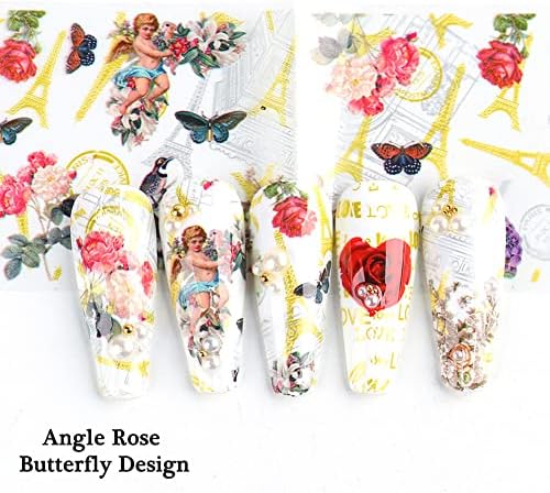 Kakuta Heart Love Unhas Folha de adesivos Decalques Decalques Valentim Day Arte para mulheres meninas, Angel Cupid Flores