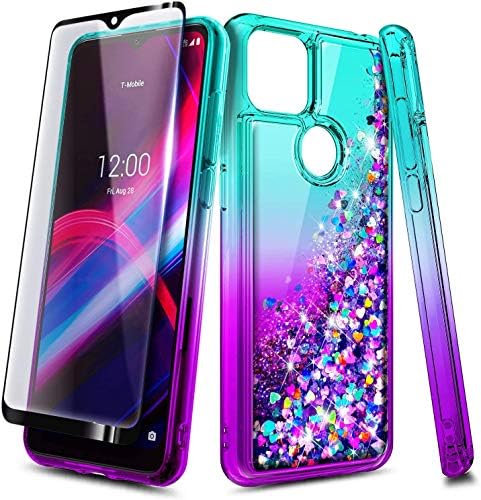 NZND T-MOBILE REVVL 4+ Plus Case com protetor de tela de vidro temperado, cachoeira líquida glitter líquida flutuante