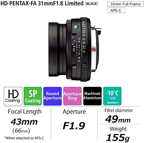 Pentax HD 43mmf1.9 LENS LENS BLACK LIMITED LIMITED LENS PRINCIPAL PRINCIPAL [F1.9 Lens de abertura grande] [revestimento HD de alto desempenho] ​​[revestimento SP] [diafragma redonda] [corpo de alumínio usinado]