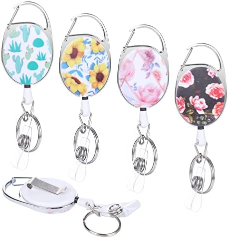 4pcs Titular de crachá de cartões de identificação retrátil com clipe e anel de tecla Chave Floral Floral Reel Keychain