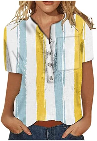 Moda Henley Shirts for Women Casual listrado Camiseta de manga curta 2023 Blouses soltos de verão com bolso