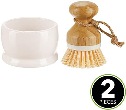 Mdesign Bamboo Wood Round Mini Mini Palm Scrub com suporte para pia da cozinha, banheiro, limpeza doméstica - lavagem,