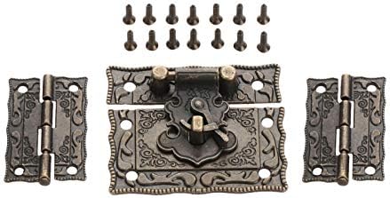 Adquira Antigo Bronze Padlock Lock Jewelry Box Wood Latch Hasp Flop +2pcs Armário de mala de dobradiça Furniture vintage Hardware decorativo