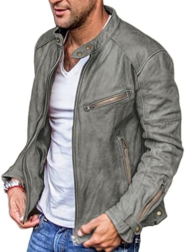 Maiyifu-gj Men Stand Collar Jaqueta de couro Faux Vintage Lightweight Slim Fit Biker Outwear Pu Zip Up Jaqueta de Bomber