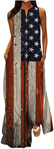Vestido longo casual para mulheres, vestido de impressão da Independência da Independência dos EUA, 4 de julho, vestidos maxi