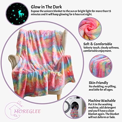 Moreglee Unicorn Glow in the Dark Blanket Unicorns Gifts For Girls 60 x50 Luminous Kid Criança bebê Baby Rainbow Pink Clanta de