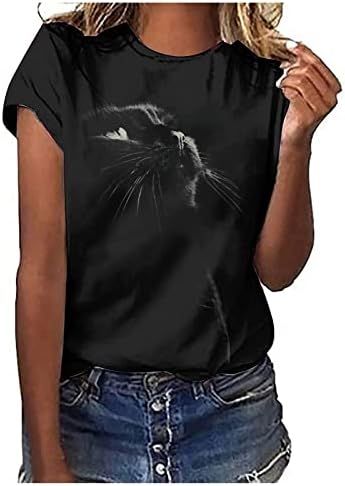 Mulheres no topo da camisa de gato preto Túnica de manga curta camisetas 2023 Crewneck Girls Crewneck Girls Camiseta