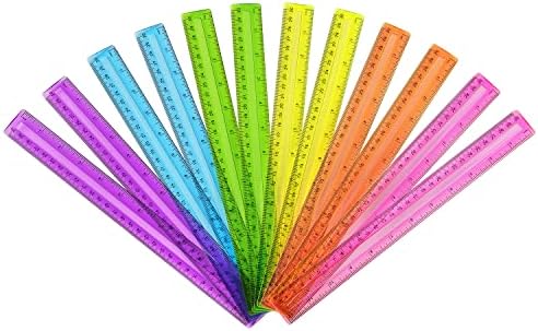 12 Pacote de réguas transparentes de cor, réguas de plástico, réguas métricas a granel com polegadas e centímetros, governante
