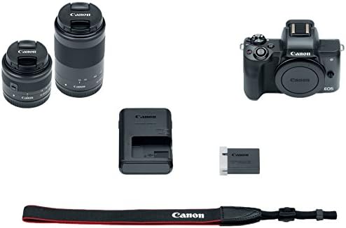 Canon EOS M50 Kit de pacote de câmera Vlogging 4K sem espelho com EF-M15-45mm + EF-M 55-200mm lentes, preto