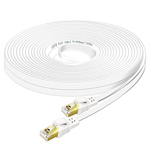 Qiuean gato 8 cabo Ethernet 15 pés, alta velocidade para uso pesado 30awg CAT8 Cabo Ethernet da Internet, 40 Gbps 2000MHz SFTP RJ45 Cabo plano blindado na parede, adequado para interno e externo - branco