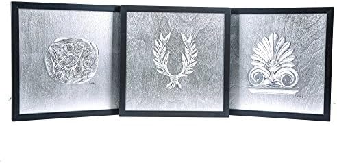 Moeda Athenian Owl ou coruja de Minerva Coin, Antefix & Laurel Grinalh, conjunto de decoração de parede ou mesa emoldurada à mão de 3, Silver Patinated, 11.8'x11.8 '' Cada