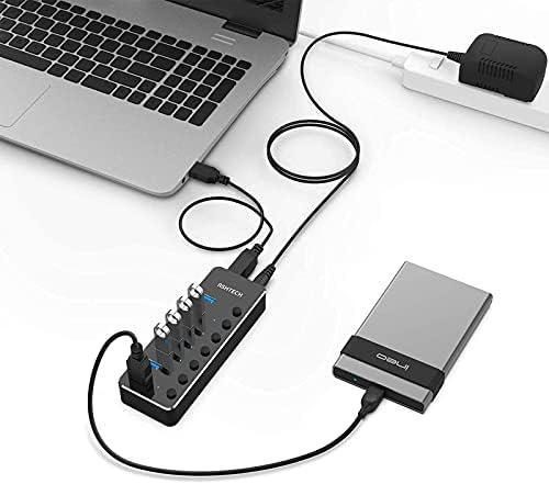RSHTECH 7 Port Hub USB com adaptador CA + alumínio 4 porta Ultra Slim USB 3.0 Data Hub