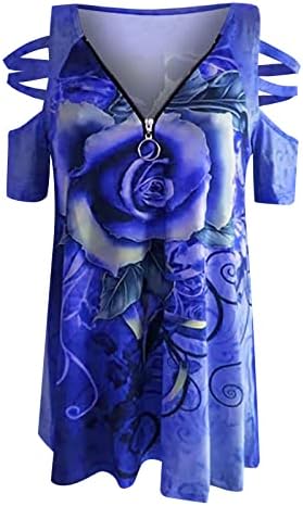 Blouses de verão para mulheres 2023 Trendy Floral ombro frio ombro curto Zip V pescoço de túnica fluida Camisa vestida