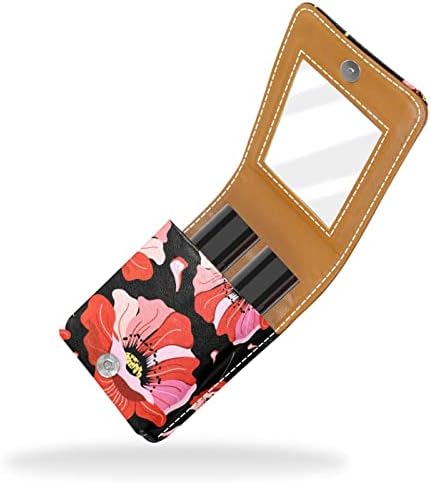 Mini estojo de batom com espelho para bolsa, Poponsas vermelhas florais organização portátil de caixa portátil