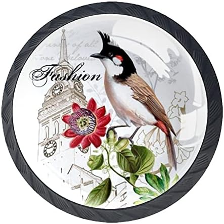 A gaveta redonda de Tyuhaw puxa manusear pássaro de flores e impressão de torre de sino com parafusos para armários de cômoda de casa porta da cozinha gaveta da mesa de mesa banheiro 4pcs