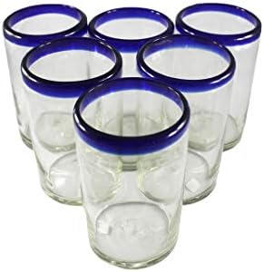Copos de bebida com aro azul mexicano, vidro reciclado soprado de vidro pesado espesso de copo sem haste margarita xícaras de vinho cobalto de 6 onças rústicas artesanais 14 oz