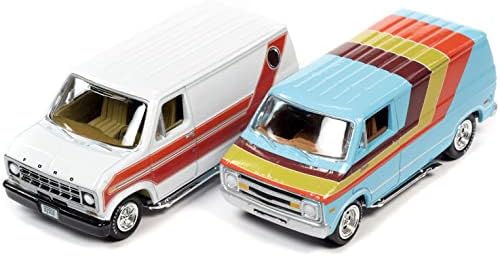1976 Van Van Light Blue e 1977 Econoline 150 Wheelin 'Van Braço Branco Vans Conjunto de 2 carros 1/64 Diecast por Johnny Lightning JLPK015-JLSP219 A