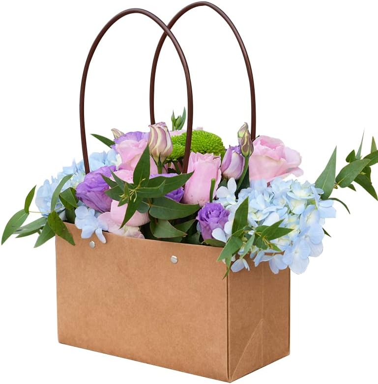 Stkmelon 10pack Kraft Paper Flower Gift Bags Bouquet Bachs Box Bolsas de papel marrom à prova d'água com sacolas de maçaneta para festas de festa de casamento de aniversário de Ação
