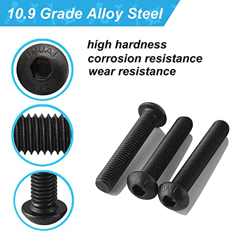 Joamang M6 x 10mm 14mm 18mm 20mm 25mm Button Cap parafusos de tampa da cabeça dos botões Parafusos, aço de liga de 10,9 grau, acabamento de óxido preto, tração hexadecimal allen métrica, totalmente rosqueado, kit de sortimento 50pcs